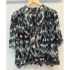 Isabel Marant Silk Multicolor Lace Up Short Sleeve Blouse Size 36 Semi Sheer
